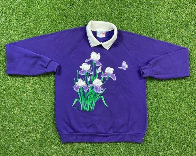 Vintage Flowers Sweatshirt Made USA Size Large L Morning Sun Bees Caterpillars Butterflies Nature Plants 1990s Pull Over Oversized Grandma