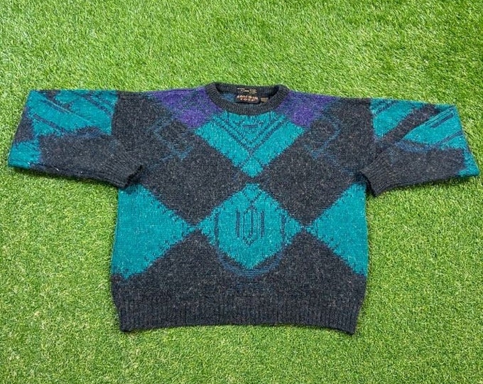 Vintage Blue and Green Knit Crewneck Sweater Uniform Code Size Xtra Large XL Quality Warm Winter Fashion Pull Over 1980s 80s