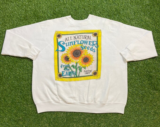 Vintage All Natural Sunflower Seeds Crewneck Sweatshirt XXL Floral Flowers Morning Sun Bees Caterpillars Butterflies Nature Plants 1990s