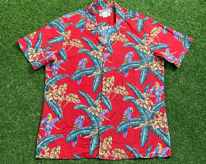 Vintage Fun Hawaiian Button Down Beach Shirt Paradise Found Made USA Size Xtra Large XL Vacation Original 1990s 90s Classic Magnum P.I