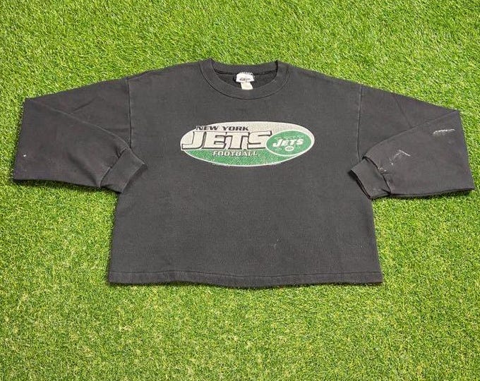 Vintage New York Jets Crop Top Crewneck Sweatshirt CSA Size Large L NFL Football Ny 1990s 90s Pull Over Oversized