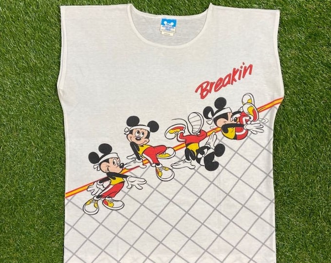 Vintage Mickey Mouse Breakin' Sleeveless T Shirt Tee Made USA Size Medium M Walt Disney World Magic Kingdom WDW Disneyland Break Dancing