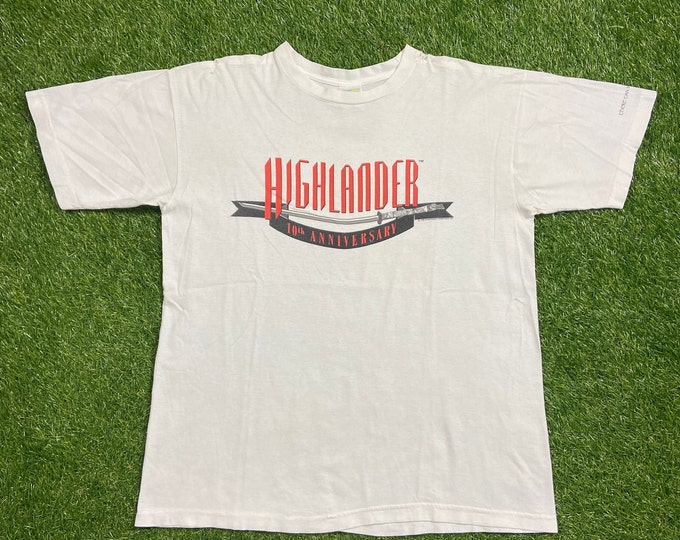 Vintage Highlander 10th Anniversary T Shirt Tee Cotton Wise Size Large L 1986 Fantasy Action Film Classic Movie 1990s 90s