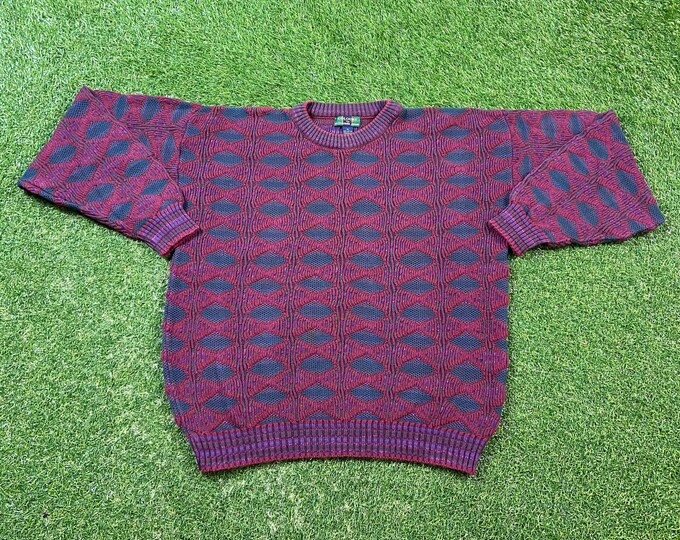 Vintage Red Blue Multicolor Knitted Crewneck Sweater Colours Made USA Size Xtra Large XL Quality Warm Winter Fashion Pull Over Oversized