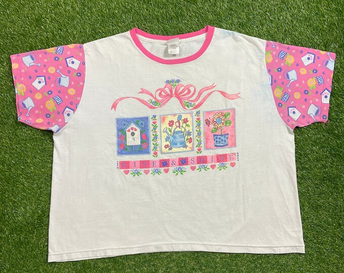 Vintage Rise & Shine T Shirt Tee Size 3x Gardening Flowers Bees Caterpillars Butterflies Nature Plants 1990s 90s Grandma Core
