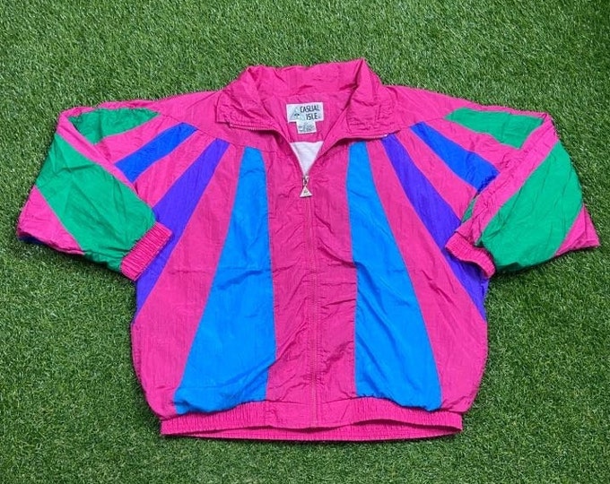 Vintage Graphic Windbreaker Zip Up Jacket Casual Isle Size Large L Multicolor Streetwear Sport Active Wear Classic Light Rain Coat 1990s