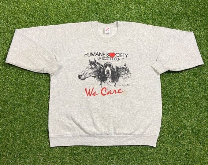 Vintage Humane Society of Scott County Crewneck Sweatshirt Made USA Size Xtra Large XL Animals Planet Earth 1990s 90s All Over Pull Over