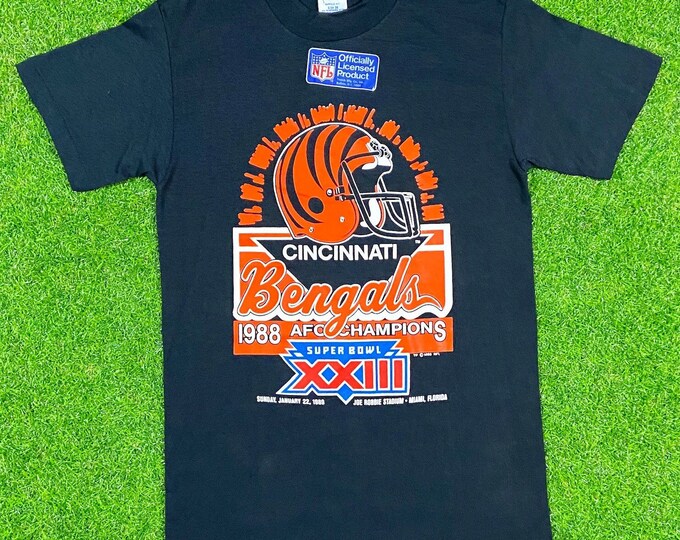 Vintage Cincinnati Bengals NFL Football T Shirt New With Tags Trench Small Made USA Ohio 1988 Super Bowl XXIII 80s Single Stitch Classic Tee