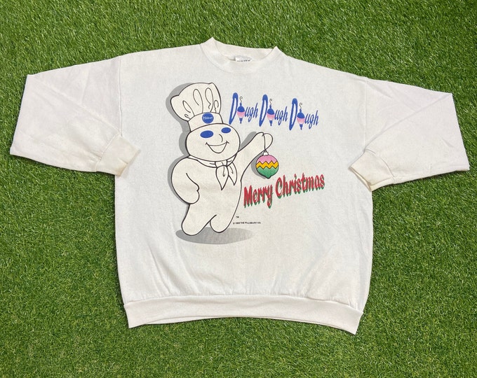 Vintage Pillsbury Dough Boy Merry Christmas Crewneck Sweatshirt Made USA Size Large L XMAS Poppin Fresh 1990s 90s Pull Over Oversized