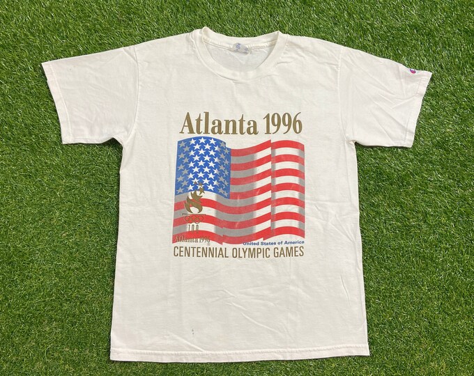 Vintage 1996 Olympics Atlanta USA T Shirt Tee Champion Size Medium M Torch ATL Georgia 1990s 90s