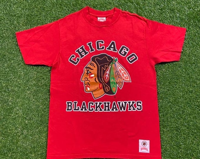 Vintage Chicago Blackhawks T Shirt Tee Nutmeg Mills Made USA Size Large L NHL Hockey Illinois 1990s 90s
