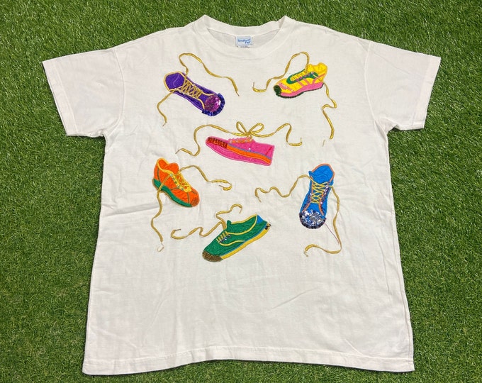 Vintage Colorful Shoes T Shirt Tee Bedford Fair Size Xtra Large XL Classic Sneakers Boots Footwear Nike 1990s 90s