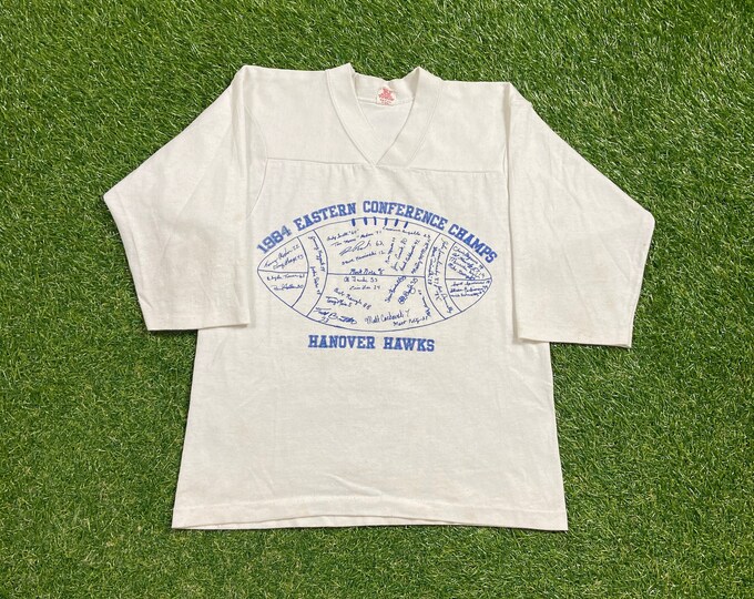 Vintage Hanover Hawks T Shirt Tee Made USA Size Youth Large High School Football 1984 Easter Conference Champs Hanover Virginia 1980s 80s