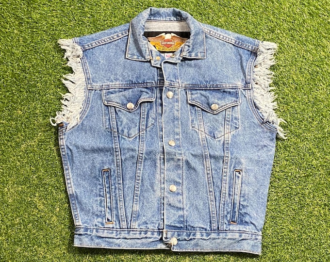 Vintage Harley Davidson Jean Jacket Vest Made USA Size Small S Designer Clothing Motorcycle Rare Quality Fit Biker HOG Bike Week 1990s 90s