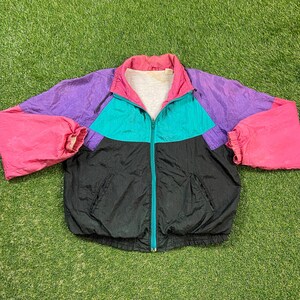 Vintage Graphic Windbreaker Zip Up Jacket Size Large L Multicolor Streetwear Sport Active Wear Classic Light Rain Coat 1990s