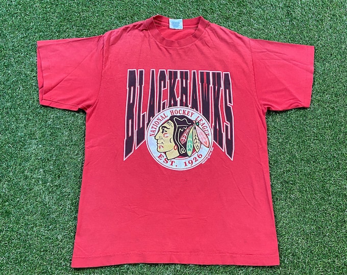 Vintage Chicago Blackhawks T Shirt Tee Trench Made USA Size Large L NHL Hockey Illinois 1990s 90s