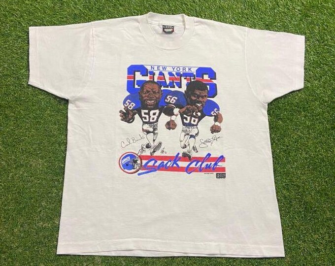 Vintage New York Giants Sack Club T Shirt Tee Made USA Size Xtra Large XL Carl Banks Lawrence Taylor NFL Football Ny Big Blue Eli 1990s 90s
