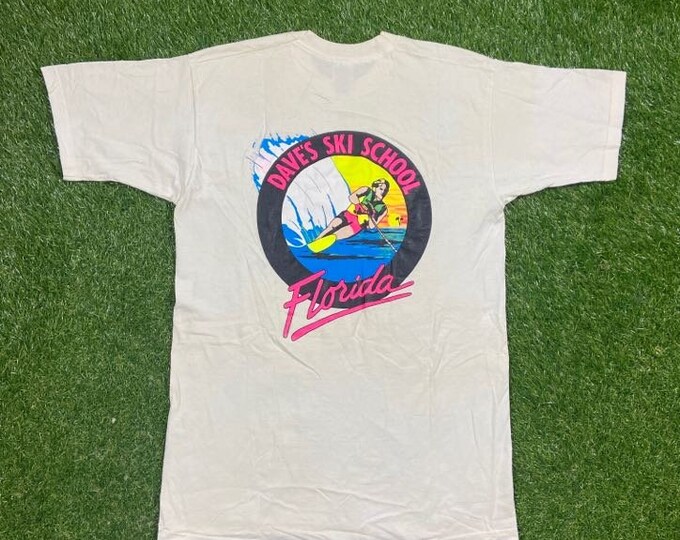 Vintage Dave's Ski School Florida T Shirt Tee Fruit of the Loom Size Large Water Sports Water Ski 1990s 90s Neon