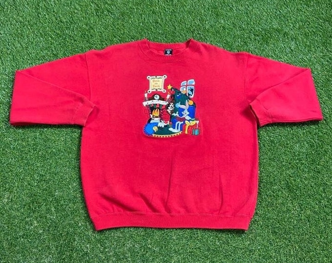 Vintage Looney Tunes Christmas Crewneck Sweatshirt Size Medium M Tweety Bugs Bunny Taz XMAS Warner Bros Space Jam Classic Cartoon 1990s 90s