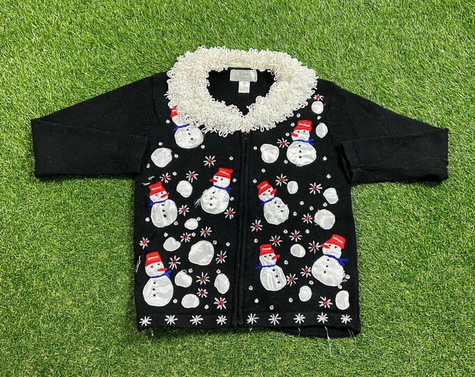 Ugly Christmas Cardigan Sweater Vintage Tacky Holiday Party Merry Santa Claus Classic Holidays Size Small Xmas Classic Knit Snowmen 1990s