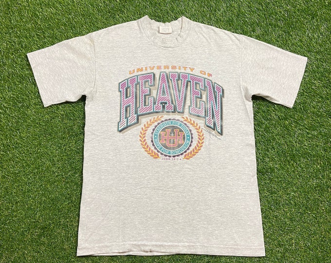 Vintage University of Heaven T Shirt Tee Made USA Size Large L Church Sunday Service Christian Religion God Jesus 1990s 90s