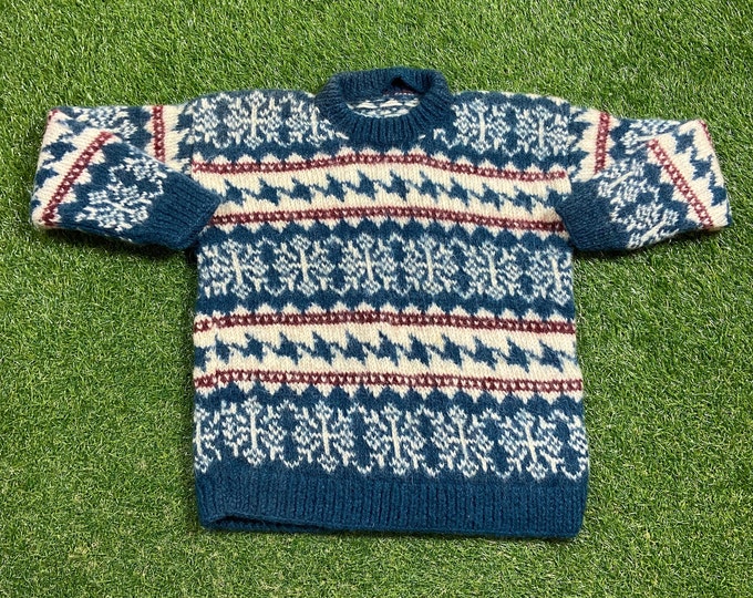Vintage Multicolor Knitted Crewneck Sweater Size Small S Quality Warm Winter Fashion Pull Over Oversized 1980s 80s
