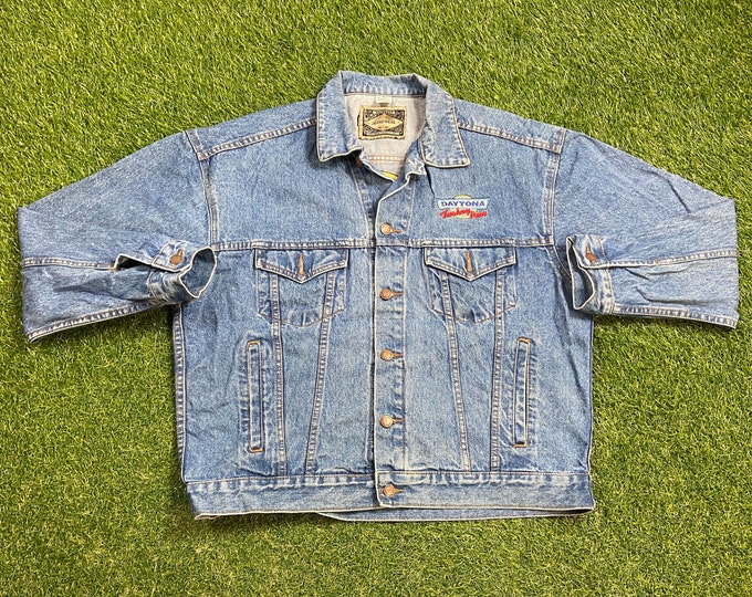 Vintage Daytona Turkey Run Jean Jacket Size Large L International Speedway Classic Collection Car NASCAR Daytona 500 Racing Florida 1990s
