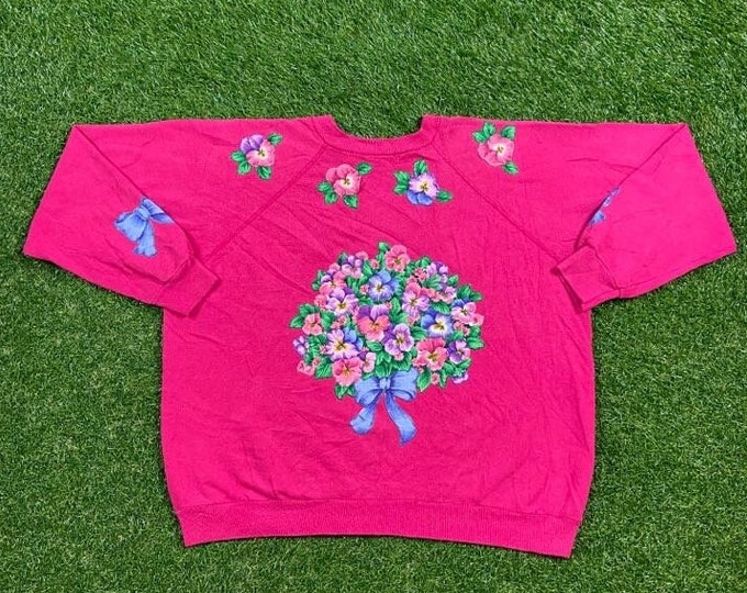 Vintage Flowers Crewneck Sweatshirt Hanes Her Way Made USA Size Large L Classic Artsy 1990s 90s Pull Over Grandma Granny Cute