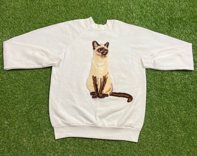 Vintage Cat Crewneck Sweatshirt Made USA Size Large L Classic Animal Graphic Sweater Pet Kittens 1990s 90s Pull Over Oversized