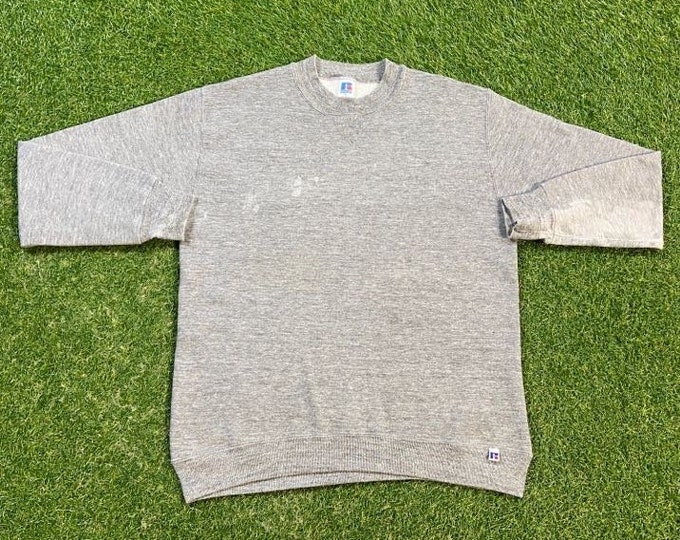 Vintage Plain Gray Crewneck Sweatshirt Russell Athletic Made USA Size Medium M Quality 1990s Tri Blend Rayon Great Fit Original Pull Over