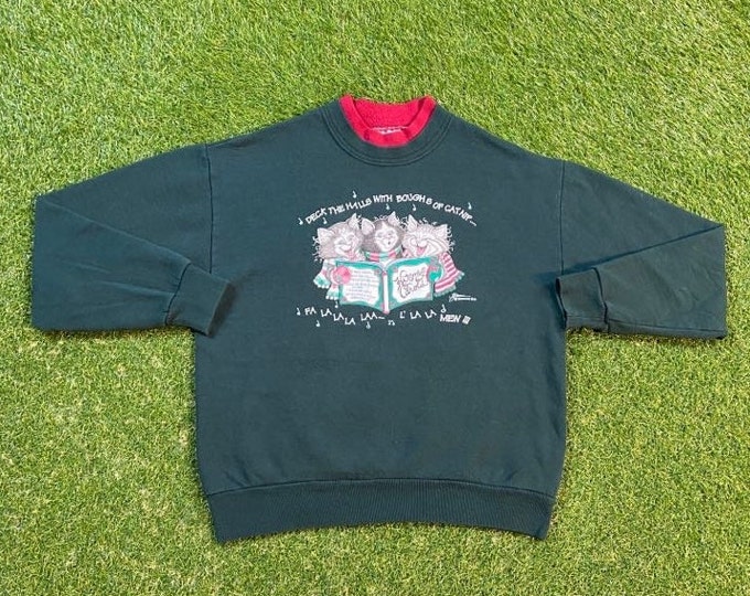 Ugly Christmas Sweater Vintage Tacky Holiday Party Merry Santa Classic Santa Claus Xmas 90s 80s Knit Classic Size Medium M Cats Pull Over