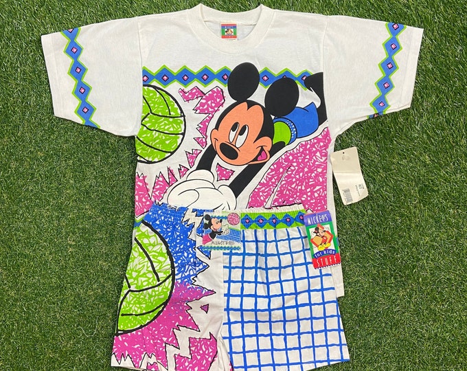 Vintage Mickey Mouse Volleyball T Shirt Shorts Set Mickey for Kids Made USA Youth Medium 10/12 Walt Disney World Magic Kingdom 1990s 90s