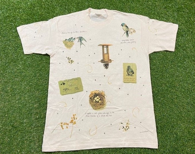 Vintage Birds T Shirt Tee Relevant Products Made USA Size Large L Animals Habitat Nature All Over Print Art Cool 1980s