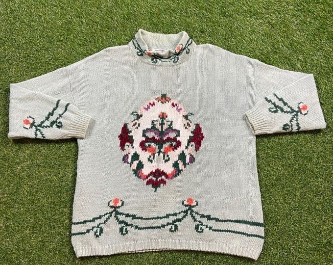 Vintage Flower Rose Knitted Crewneck Sweater Size Xtra Large XL Pull Over Quality Comfortable Fit 1980s Original Fall Winter Warm Cozy