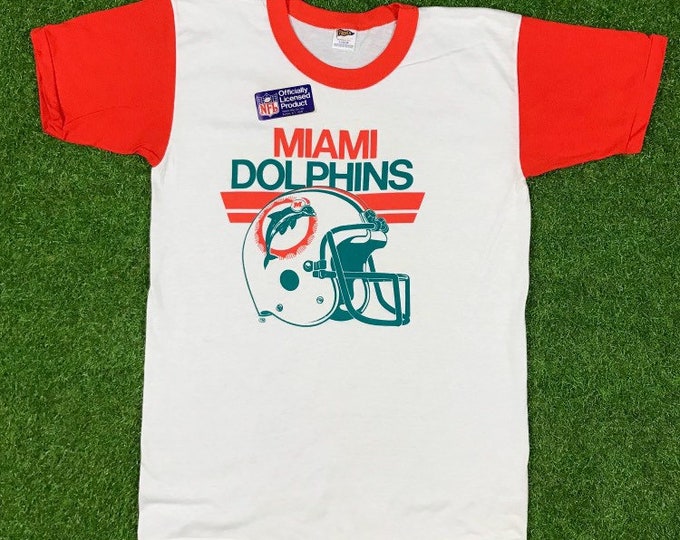 Vintage Miami Dolphins Ringer 80s Trench T shirt 1980s NFL Florida Helmet Tee Large XL Made USA Single Stitch 305 Classic Deadstock Nwt