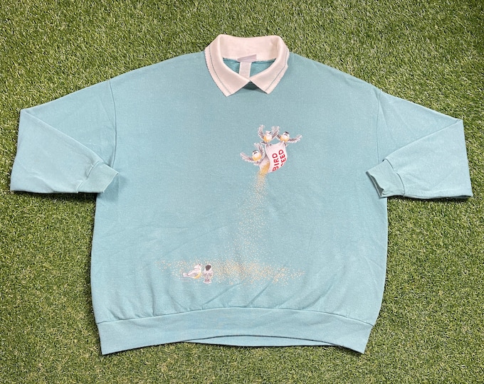 Vintage Bird Feed Crewneck Sweatshirt Morning Sun Size 3X Mountain Animals Habitat All Over Print Art Cool Pull Over 1990s 90s Grandma