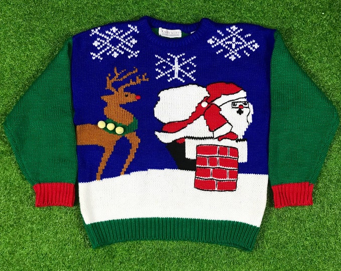 Ugly Christmas Sweater Vintage Tacky Holiday Party Merry Women's Santa Classic Men's Large Xmas 90s 80s Santa and Rudolph on Roof Knit