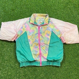 Vintage Graphic Windbreaker Zip Up Jacket Beyond Performance Size Medium Multicolor Streetwear Sport Active Wear Classic Light Rain Coat 90s