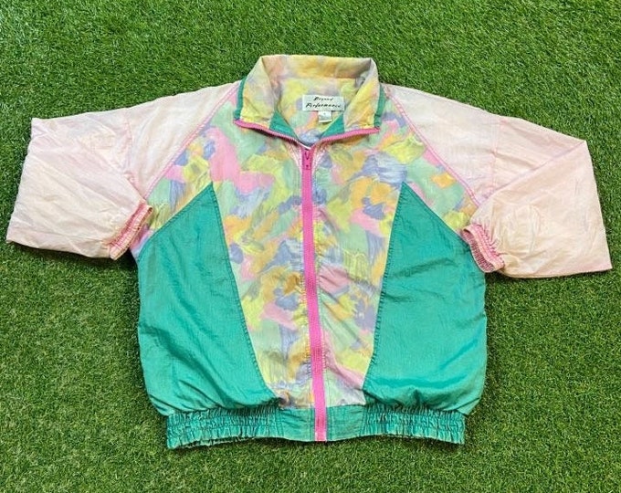 Vintage Graphic Windbreaker Zip Up Jacket Beyond Performance Size Medium Multicolor Streetwear Sport Active Wear Classic Light Rain Coat 90s