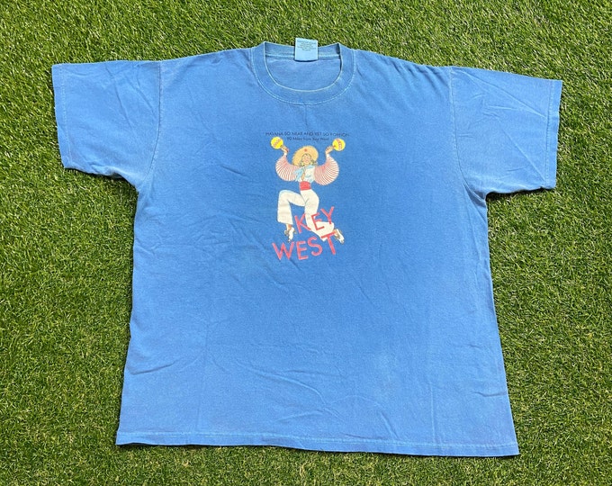 Vintage Key West T Shirt Tee Made USA Size Large L Havana Cuba Tropical Florida Beach 1990s Tourist Travel All Over 90s