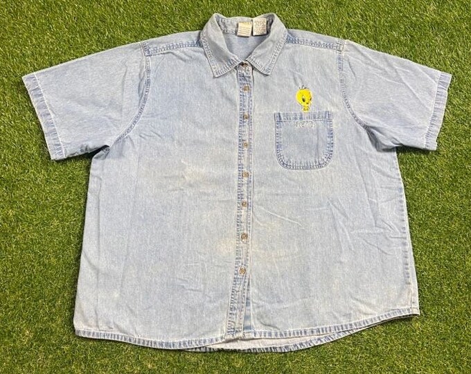 Vintage Tweety Bird Button Down Shirt Tee Size XXL 2XL Looney Tunes Warner Bros Bugs Bunny Space Jam 1990s 90s
