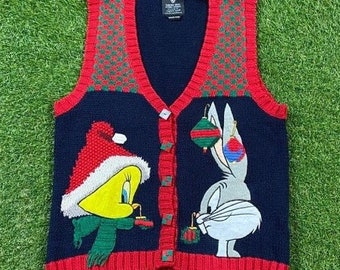 Vintage Bugs Bunny Tweety Bird Christmas Sweater Vest Medium Merry XMAS Santa Claus Warner Bros Looney Tunes Classic Cartoon 90s Hand Made