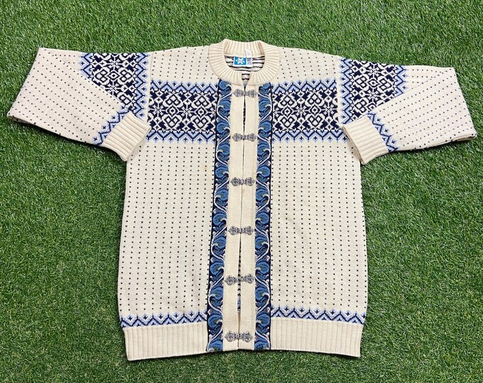 Vintage Multicolor Knitted Cardigan Sweater Norsewear Size Xtra Large XL Quality Warm Winter Fashion Pull Over Oversized 1980s 80s