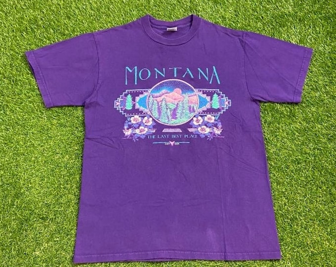 Vintage Montana T Shirt Tee Jerzees Made USA Size Large L Rocky Mountains Great Plains Glacier National Park Bears Mountain 1990s 90s