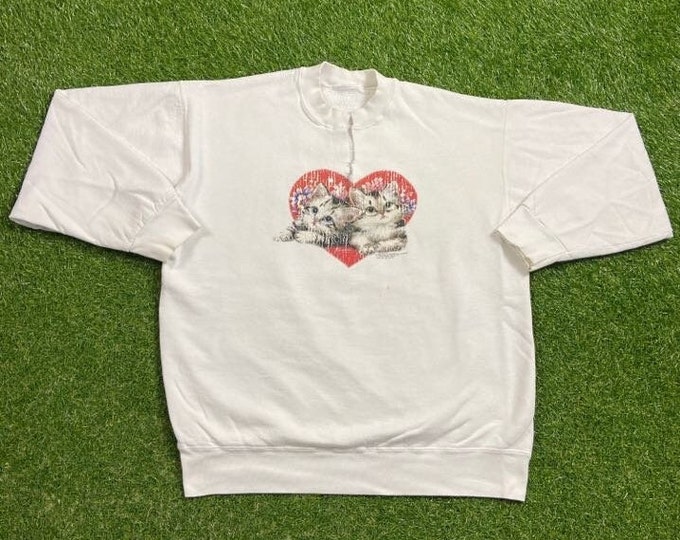Vintage Cats Crewneck Sweatshirt Size Large L Classic Animal Graphic Sweater Pet Kittens 1990s 90s Pull Over Oversized