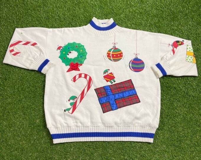 Ugly Christmas Sweater Sweatshirt Happy Holidays Vintage Tacky Holiday Party Classic Merry XMAS Santa Claus Ornaments Size Medium Pull Over