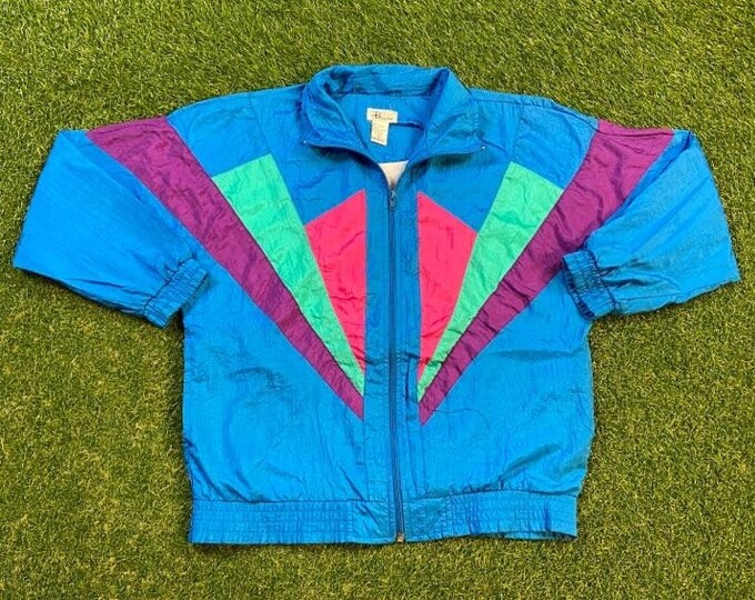 Vintage Graphic Windbreaker Zip Up Jacket Bocco Size Small S Multicolor Streetwear Sport Active Wear Classic Light Rain Coat 1990s
