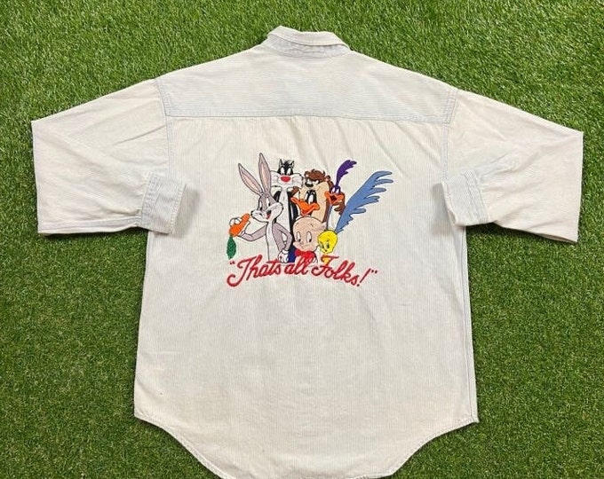 Vintage Looney Tunes Button Down Acme Clothing Co Size Large L Warner Bros Bugs Bunny Classic Cartoon TV Show