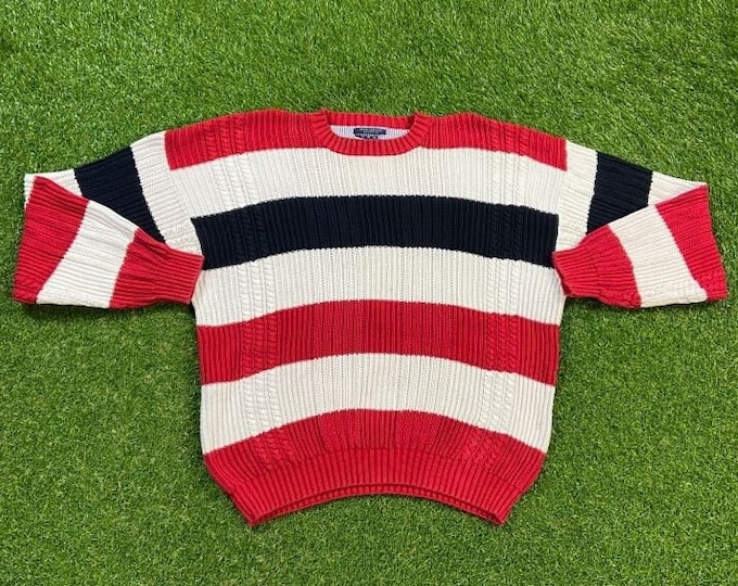 Vintage Tommy Hilfiger Knit Crewneck Sweater Size Xtra Large XL Quality 90s TH Comfortable 1990's Fit Big Flag Color Block Streetwear