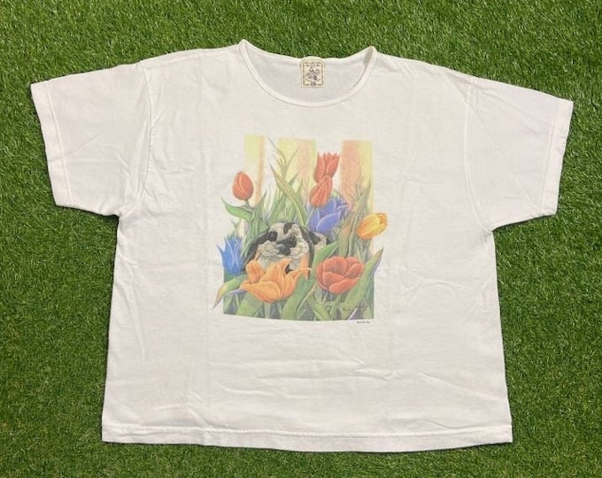 Vintage Floral T Shirt Tee Made USA Size Xtra Large XL Natural Sunflower Seeds Flowers Bees Caterpillars Butterflies Nature Plants 1990s